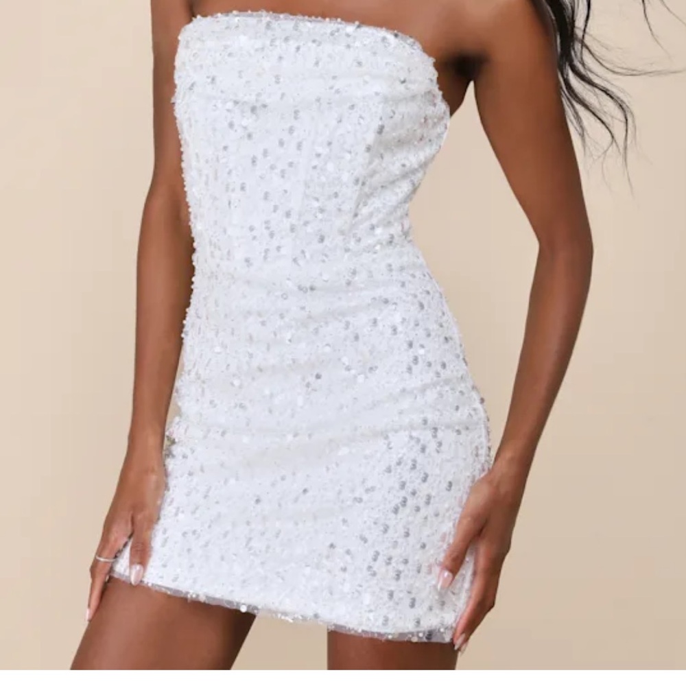 Elegant White Strapless Dress/ white sequin